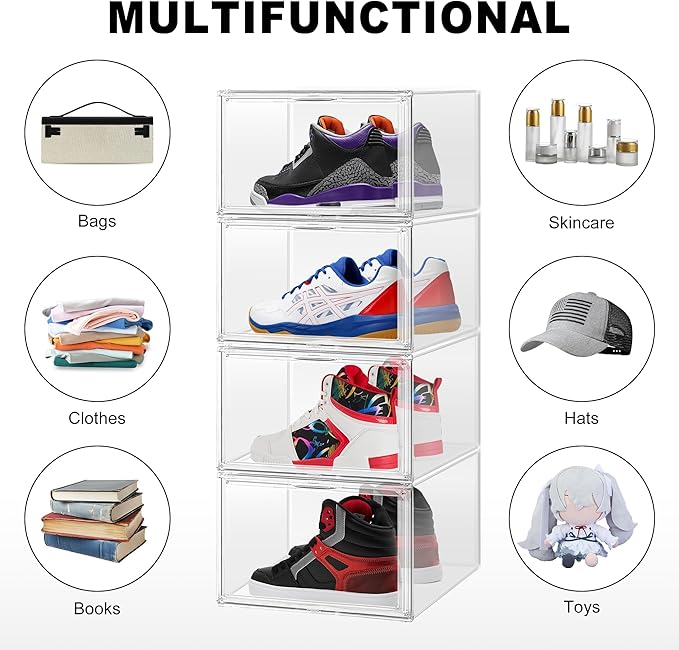 Clear Shoe Boxes Plastic Stackable ‌Shoe Cabinet‌ with Acrylic Magnetic Lids Drop Side Sneaker Display Case for Closet, Entryway, Fits Men's Shoes up to Size 12.5 (14.17''x10.62''x8.07'')
