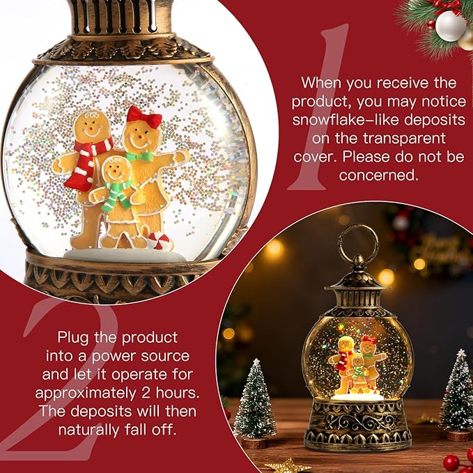 Christmas Snow Globe,Gingerbread Man Musical Snow Globe Lantern Lights with 6H Timer Battery & USB Powered, Retro Style Holiday Glitter Globe for Xmas Home Decoration Holiday Party Gifts