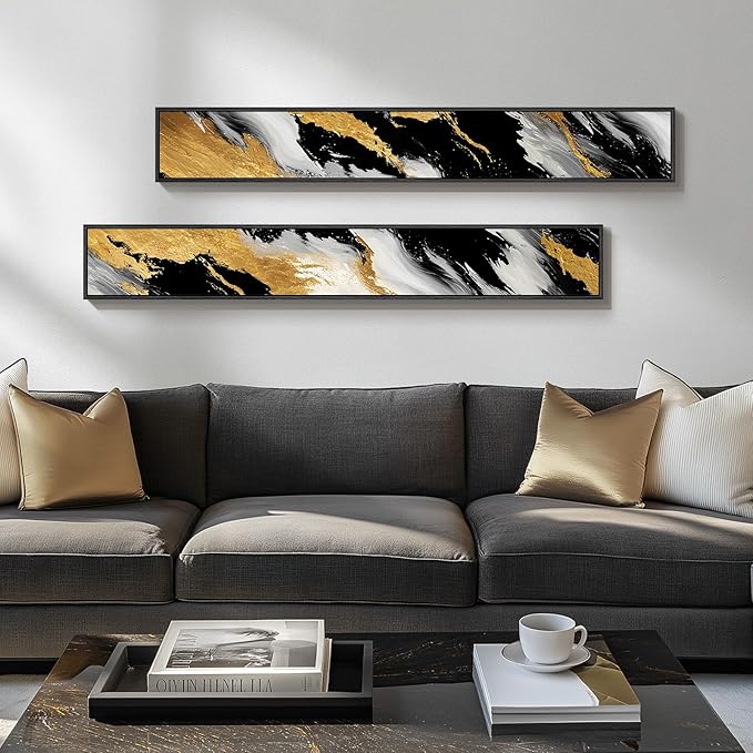 Framed Long Narrow Vertical Abstract Wall Art Set, 2 Piece Black White Gold Luxury Modern Canvas Prints Paintings Artwork for Walls, Pictures for Entryway Hallway Living Room Dining Bedroom Wall Decor