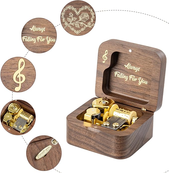 Cant Help Falling in Lov Wind Up Wooden Music Box, Vintage Musical Gifts for Birthday Christmas Valentine's Day Anniversary (Walnut)