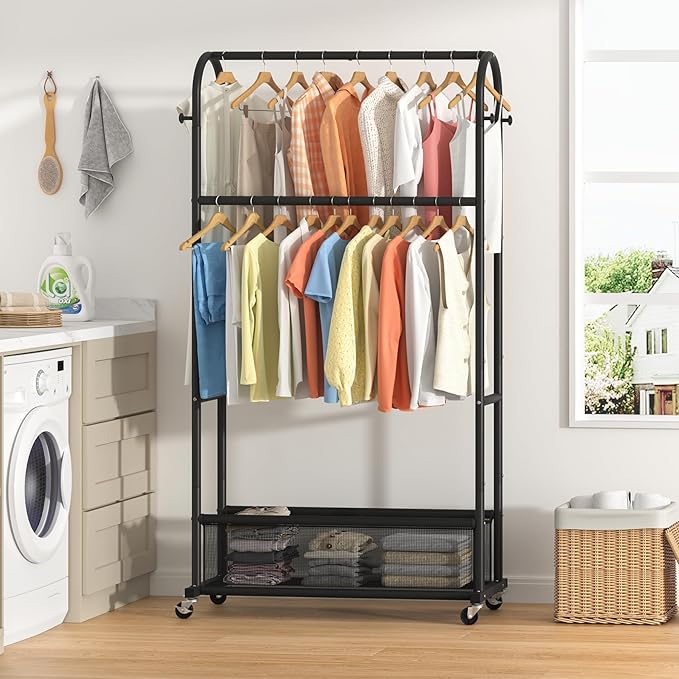 MOYIPIN Double Rods Clothing Rack with Wheels,Clothing Organizer for Hanging Clothes Coat Scarves Bags,Multi-functional Bedroom Garment Rack,4 Hooks,Black
