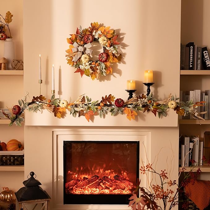 Valery Madelyn 24 inch Fall Pumpkin Teardrop Swag Autumn Harvest Door Hanger with Striped Bow, Mini Pumpkins, Eucalyptus, Raffia & Berry Sprays for Front Door, Mantel Thanksgiving Table Centerpiece