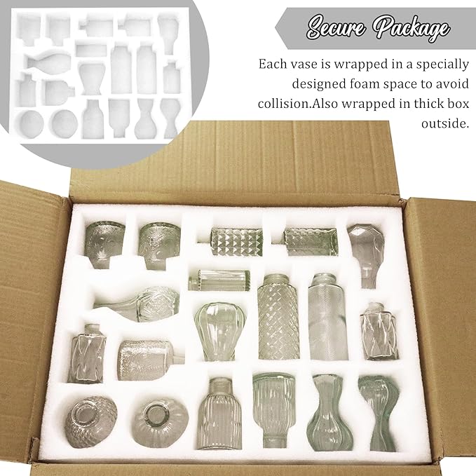 36Pcs Bud Vases Set Small Vintage Glass Bottles Clear Bud Vases in Bulk Multiple Shape Cute Glass Vases for Rustic Wedding Centerpieces Table Decorations and Home Decor(Clear)