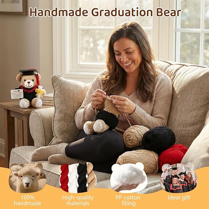 Crochet Graduation Bear 2026, Handmade Knitted Teddy Bear with Cap, Graduation Gifts 2026 for Him Her, Emotional Support Crochet Animal for College High School Graduate Student Daughter Son Friend