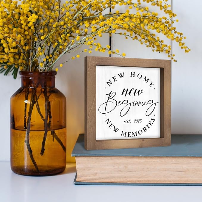 Wooden New Home Sweet Home Sign Decor, 6 Inch New Beginnings Rustic 2025 Housewarming Gifts for Family Homeowner, Indoor Table Tiered Tray Wall Art Shelf Desk Bedroom Farmhouse Decorations