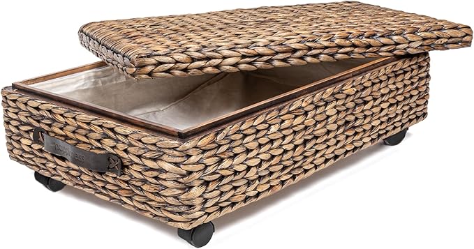 happimess BSK1006B 26.38" Chett Minimalist Hand-Woven Hyacinth/Wood Underbed Storage Bin with Wheels and Handles for Storage and Decoration in Bathroom, Bedroom,Closet,Entryway, Guest Room, Brown Wash