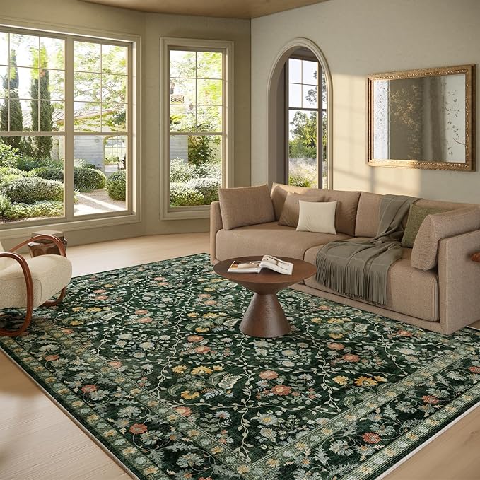 Vintage Botanical Dark Green Area Rug 8x10 Elegant Floral Pattern, Durable Stain-Resistant Fabric, Perfect for Living Room, Bedroom, Dining Room Decor