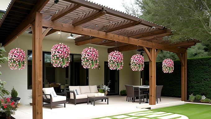Artificial Flowers with Hanging Basket, Outdoor Faux Plants Silk Morning Glory Vines, Fake Green Arrangement for Garden Patio Spring Summer Decor (Pink)