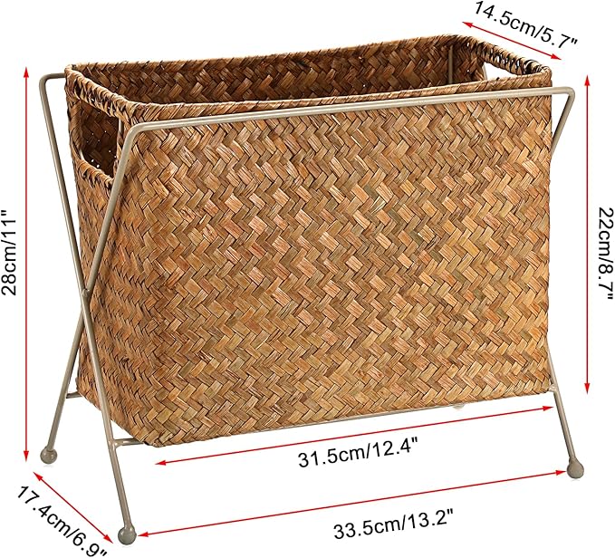 BTSKY Handwoven Magazine Holder, Natural Seagrass Magazine Basket with Metal Rack, Mail Holder Floor Organizer for Office, Living Room, Dorm, Bathroom, Woven Rattan File Basket with Handle(Caramel)