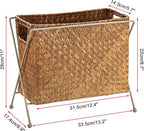 BTSKY Handwoven Magazine Holder, Natural Seagrass Magazine Basket with Metal Rack, Mail Holder Floor Organizer for Office, Living Room, Dorm, Bathroom, Woven Rattan File Basket with Handle(Caramel)