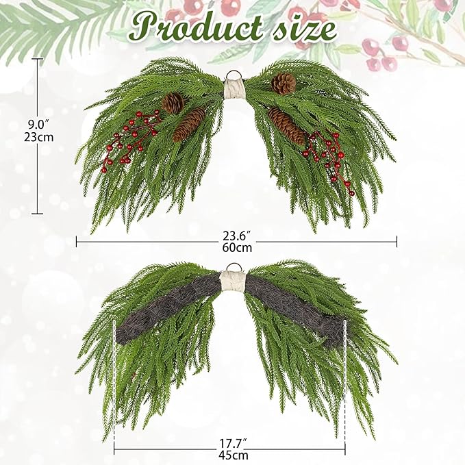Artificial Christmas Swags with Norfolk Pine, Red Berries and Pinecones, 24" Christmas Thanksgiving Decorations for Front Door, Mantel, Staircase, Window, Xmas Décor