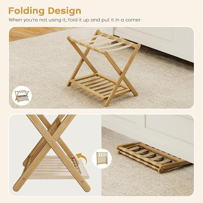 Fully Assembled Luggage Rack, 26.77" Luggage Rack for Guest Room, Bamboo Folding Suitcase Stand with Storage Shelf, 5 Nylon Straps, Heavy Duty Luggage Holder for Bedroom Hotel, 1 Pack, Natural