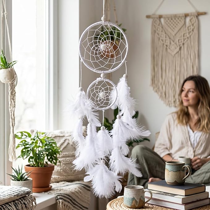 White Dream Catcher Wind Chimes Handmade Beaded Dreamcatcher for Car Kids Bed Room Wall Hanging Decoration