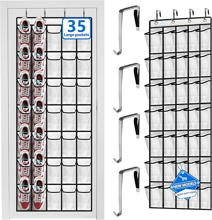over the door shoe organizer,2025 upgraded,over the door shoe organizer,35 Huge clear pockets,over door shoe organizer,Store size 13 shoes,Strong material,hooks Suitable for various doors,White