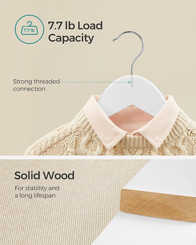 SONGMICS Kids Wooden Hangers 20 Pack, Solid Wood Baby Hangers, Children's Coat Hangers with Pants Bar, Shoulder Notches, Swivel Hooks, 12.6 x 7.5 Inches, White and Silver UCRW006W20
