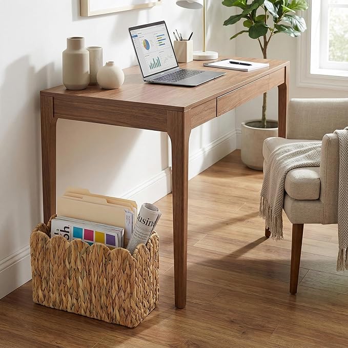Water Hyacinth Magazine Holder for Floor, Tall Narrow Wicker Magazine Basket with Scalloped Edge – Handwoven Magazine Rack, Book Basket & File Holder for Living Room, Office & Bedroom
