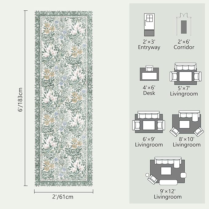 Botanical Floral Washable Runners for Hallways Area Rug 2x6 Light Green Cream Vintage Garden Design, Perfect for Carpet for Kitchen Bedroom Bathroom Laundry Room