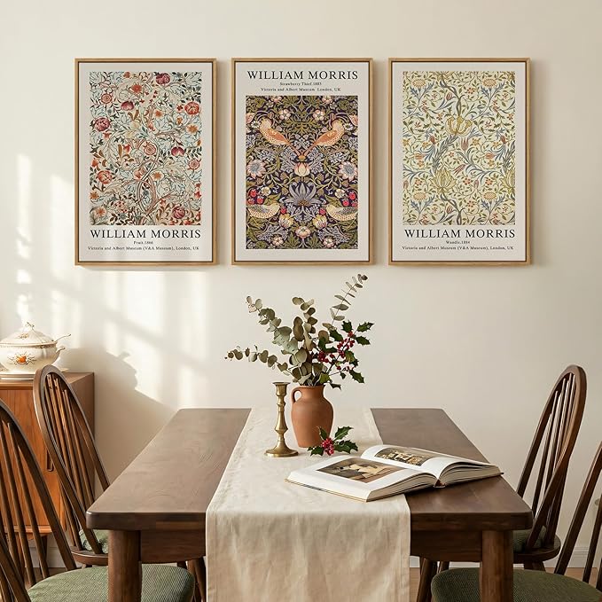 Large Framed William Morris Wall Art Set of 3, Vintage Strawberry Thief Canvas Artwork for Walls, Rustic Botanical Floral Art Prints for Living Room, Bedroom, Dining Room, Hallway, Office Wall Decor, Total Size 30x60 In