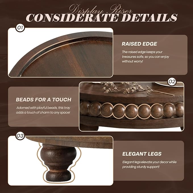 EOSAHR Acacia Round Wood Riser for Home Decor - Retro Beaded Pedestal Tray for Perfume Organizer, Plant Stand & Sponge Holder - Ideal for Kitchen Decor & Apartment Decor(Dark Acacia)