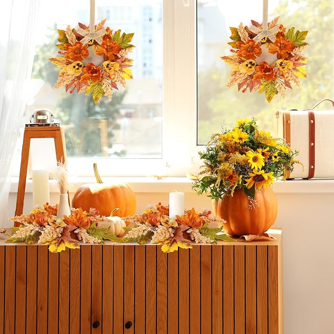 4 Pcs Fall Floral Swags Wreaths Mini Autumn Artificial Candle Rings Wreaths with Berries 3 inch Farmhouse Cabinets Hanging Wreath for Pillar Front Door Porch Wall Window Decoration
