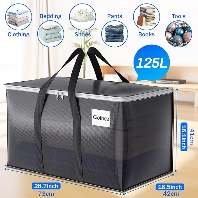 2 Pack Moving Bags Heavy Duty, Moving Boxes, Storage Bags with Zipper & Handles & Tag for College & Dorm Moving Supplies Grey Laundry Hamper Bag, Foldable Space-saving Totes (125L, Grey)