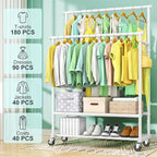 Double Rods Clothes Rack for Hanging Clothes, Heavy Duty Rolling Clothing Rack with Wheels, Freestanding Garment Racks with Oxford Bottom Shelf and Mesh Bottom Shelf for Bedroom Laundry Living Room