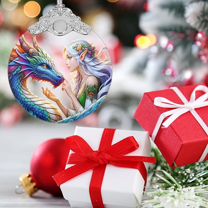 Jocidea Enchanted Elf & Dragon Christmas Ornament - Stained Glass Hanging Decor - Tree Decoration - Gift for Friends, Sisters