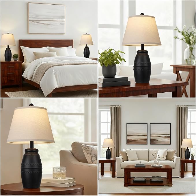 QiMH Farmhouse Table Lamps Set of 2, Bedside Lamps for Living Room, Modern Table Lamp for Bedroom, 21.5" Vintage Rustic Nightstand Lamp with Linen Shade, Black Retro Side Table Lamp for Office Home
