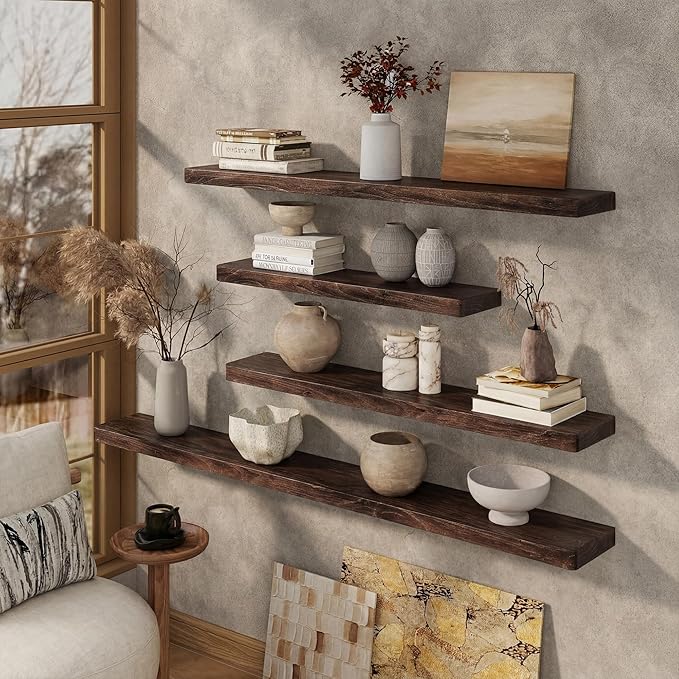 Marsmiles 40 inch Floating Shelves for Wall Solid Elm Wood Wall Mounted Shelves|Rustic Long Floating Shelves with Invisible Bracket for Bathroom Kitchen|Rounded Edge|Walnut, 1 Pack