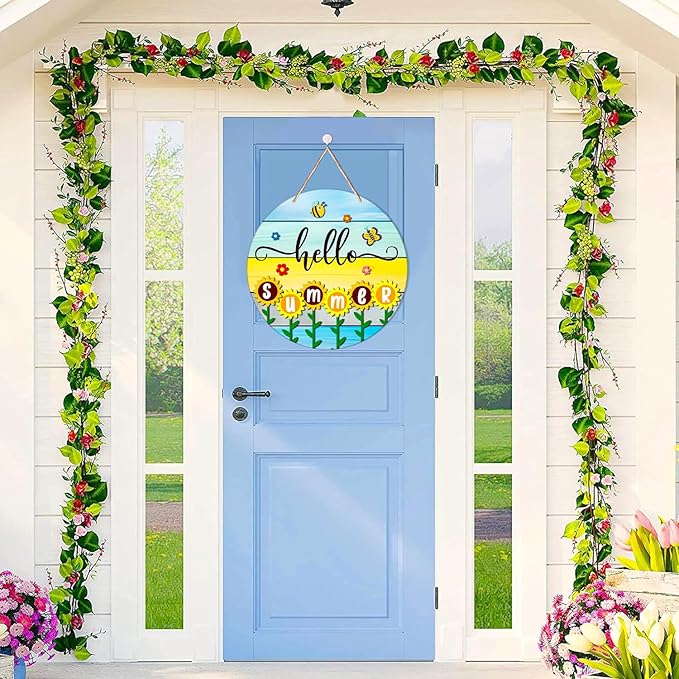 JUESMOS Hello Summer Door Decorations 11.5" Round Sunflowers Welcome Sign for Front Door Decor Farmhouse Hello Summer Hanger Sign for Porch Wreaths Home Office Wall Decorations