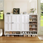 White 7+1 Tier Farmhouse Shoe Storage Cabinet - 45" Tall Entryway Organizer with Cross Molding Doors, 3 Adjustable Shelves & Metal Legs, Shoe Rack for Front Door Entrance