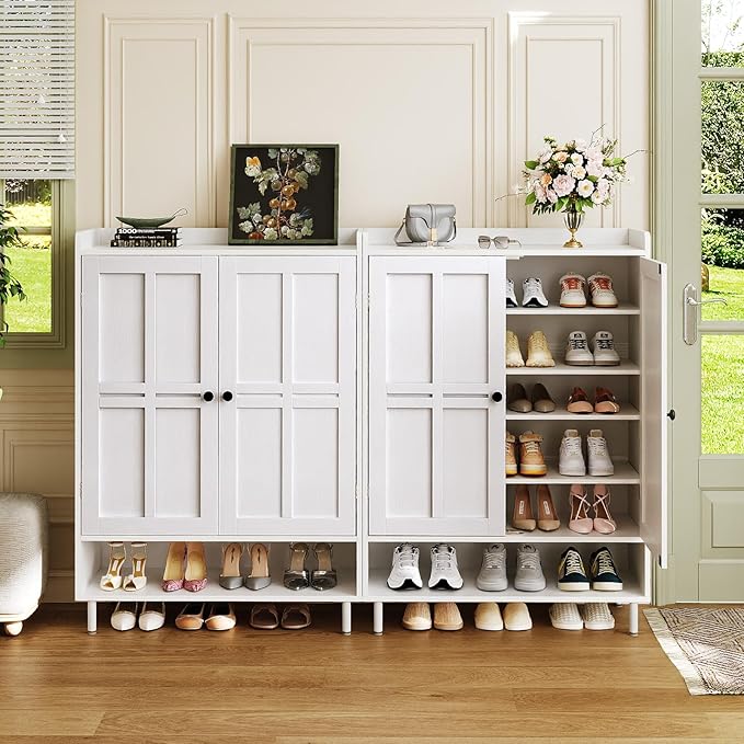 White 7+1 Tier Farmhouse Shoe Storage Cabinet - 45" Tall Entryway Organizer with Cross Molding Doors, 3 Adjustable Shelves & Metal Legs, Shoe Rack for Front Door Entrance