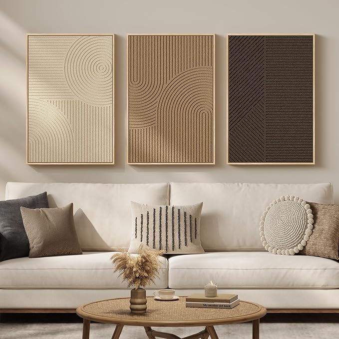 3D Textured Framed Boho Neutral Abstract Wall Art, 3 Piece Modern Minimalist Paintings Artwork for Walls, Brown Beige Tan Geometric Pictures for Living Room Dining Bedroom Office Wall Decor 16x24 In