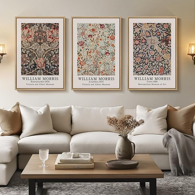 Framed Large William Morris Canvas Wall Art Set of 3, Vintage Floral Botanical Artwork Prints, Rustic Boho Farmhouse Aesthetic Decor for Living Room, Bedroom, Hallway or Office, 24x36 Inch