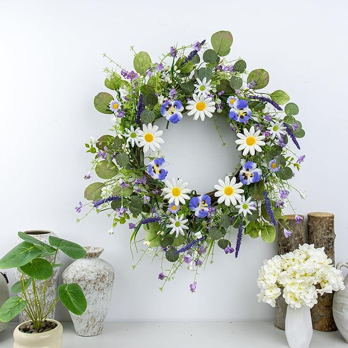 22 Inches Summer Wreath Rustic Summer Wreaths for Front Door Spring Flower Wreath Farmhouse Spring Floral Wreaths with Blue Phalaenopsis Orchid for Window Wall Porch Indoor Decoration