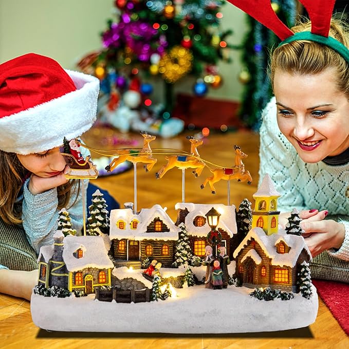 WONDER GARDEN Christmas Village Houses-Christmas Houses Village - Lighted Town Sets Colorful Musical Collectible Buildings with Elks Pulls Santa in Sleigh for Home Indoor Decor or Gift