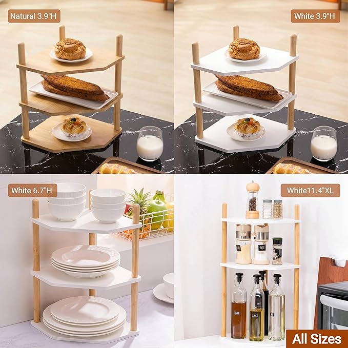 3-Tier Expandable Bamboo Corner Shelf - Dish/Plate Organizer for Cabinet, Kitchen Counter Shelf & Small Kitchen Shelf, Adjustable (Natural, 1-Pc 3.90" H)