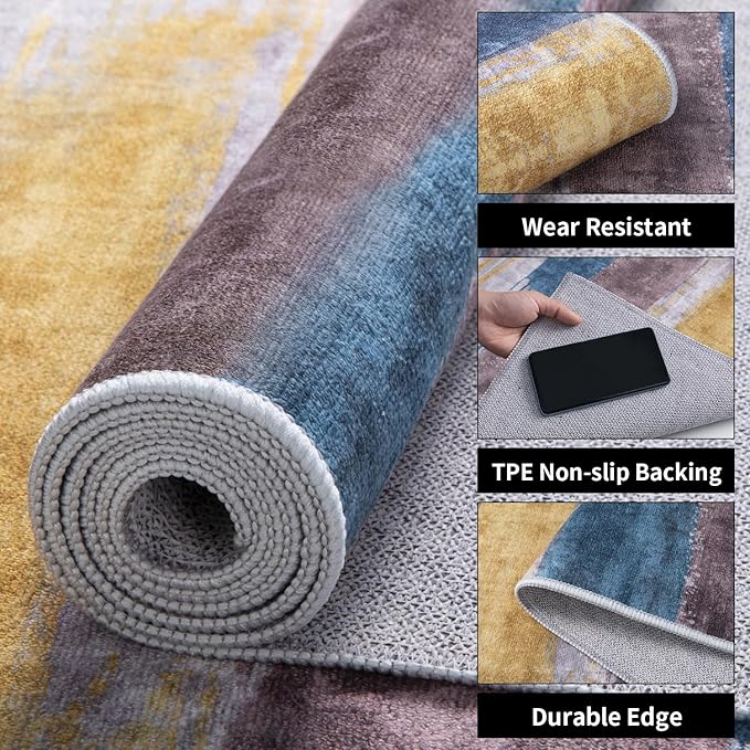 Ciicool Modern Abstract Rug for Living Room, 5'x7' Machine Washable Area Rug Non-Slip Rug, Low-Pile Contemporary Indoor Dining Floor Carpet for Bedroom Office Under Table Home Decor Yellow Blue Gray