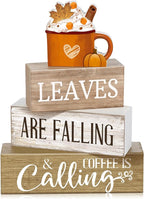 Lineshading 4 Pcs Fall Coffee Table Decorations Fall Decor for Home Thanksgiving Tiered Tray Decor Rustic Wooden Hot Cocoa Cup Pumpkin Latte Block Sign for Autumn Harvest Party Coffee Bar Kitchen