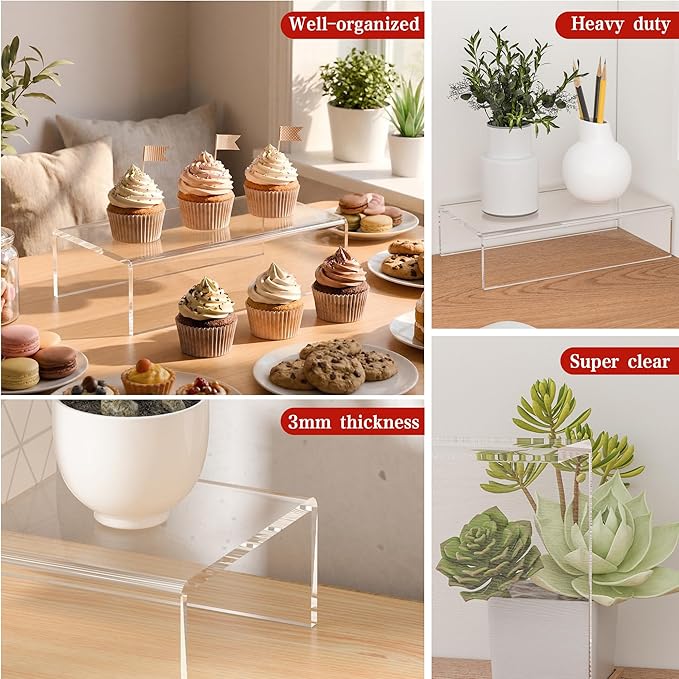 Sezanrpt Acrylic Shelf Riser 8x4.3x2 pack of 2, Clear Display Shelf 8” for Shoes, Glasses, Plants, Home Decors, Perfume, 8x4.3x2 Inch