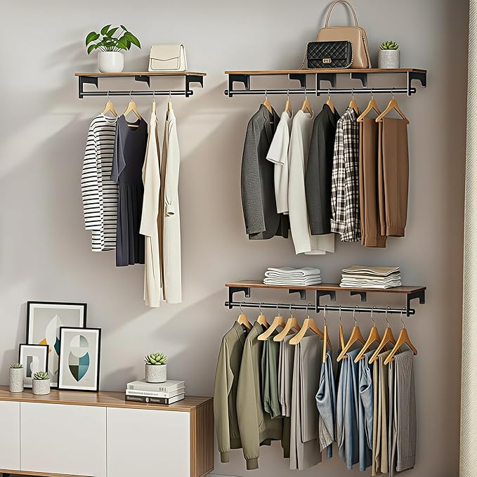 Luxspire Wall Mounted Clothes Rack, 43.3inch Clothing Racks with Top Shelf for Hanging Clothes, Heavy Duty Industrial Pipe Garment Rack, Laundry Room Shelves Closet Storage, Large