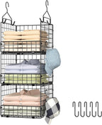 Sonyabecca 3-Tier Hanging Closet Organizer, Foldable Cabinet Wire Storage Basket Bins with 5 S Hooks, Closet Shelves & Hanging Closet Shelf for Clothing, Sweaters, Handbags, Hats