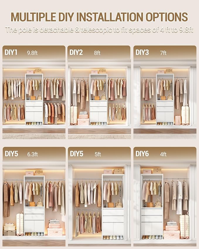 Closet System, Closet Organizer System with 4 Hang Rods, Walk-in Wooden Storage Systems with 2 Drawers & Shoe Cabinet, Fits Spaces 4-9.8FT, Wardrobe Clothes Rack Garment Rack, White MC00103E