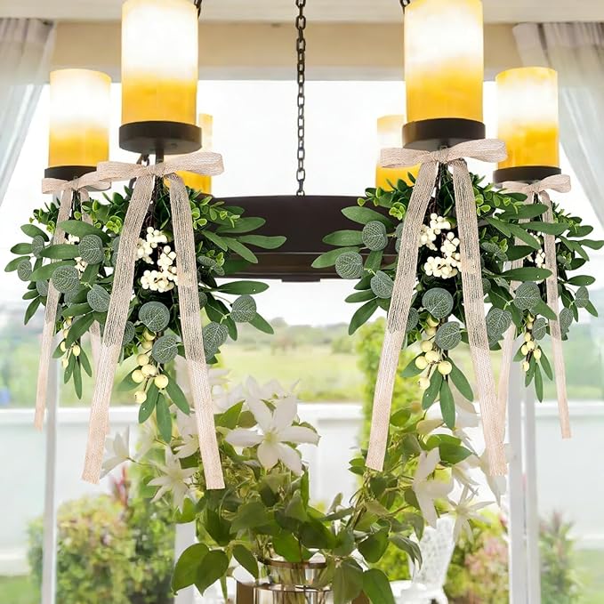 6 PCS Artificial Spring Summer Green Eucalyptus Teardrop Swag with Ribbon Bow 16" Vintage Mini Green Light Swag with White Berry Festive Sconce Lighting Decor for Farmhouse Porch Door Wedding Decor