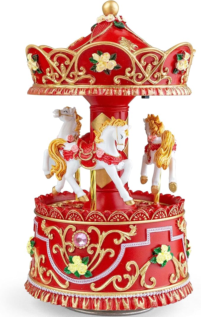 Christmas Carousel Music Box with Lights, Rotating Wind Up Musical Merry-Go-Round Figurine, Hand Painted Holiday Collectible Decor, Plays Jingle Bells, Gift for Kids, Girls, Women