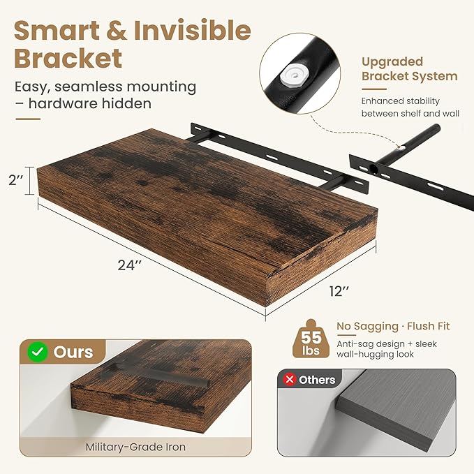 FLYJOE 24 Inch Long Floating Shelves for Wall Set of 1, 12" D Wood Grain Bathroom Shelves with Invisible Brackets, Easy Install Engineered Wood Storage Shelves for Kitchen, Living Room, Bedroom
