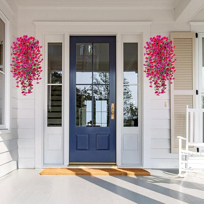 Artificial Hanging Petunias Flowers for Outdoor, 2pcs Fake Plants Long Vine Morning Glory Eucalyptus, UV Resistant Realistic Faux Greenery Outside Patio Porch Garden Spring Decor, Purple Hot Pink