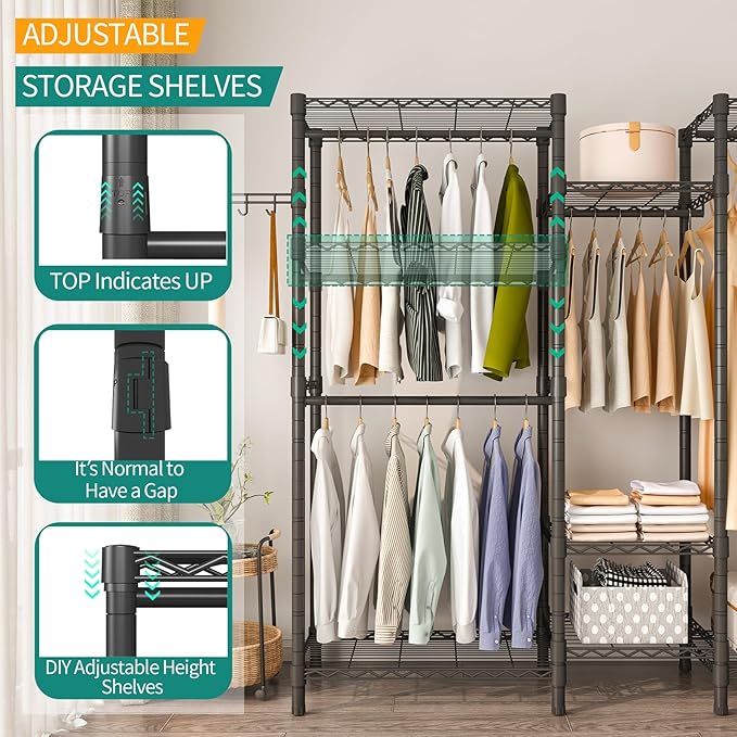 Heavy Duty Garment Rack, Portable Wardrobe Clothes Rack Freestanding Adjustable Clothing Rack with 7 Tiers Adjustable Wire Shelving and 4 Hanger Rods, Max Load 920LBS
