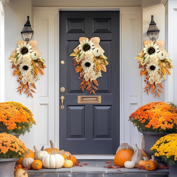 Thiccywoov 2-Pack Fall Teardrop Swags 20‘' Harvest Teardrop Decoration with Mixed Pumpkins, Sunflowers, Berries & Rustic Burlap Bows, Autumn Wreath for Front Door Home Decor(Fall)