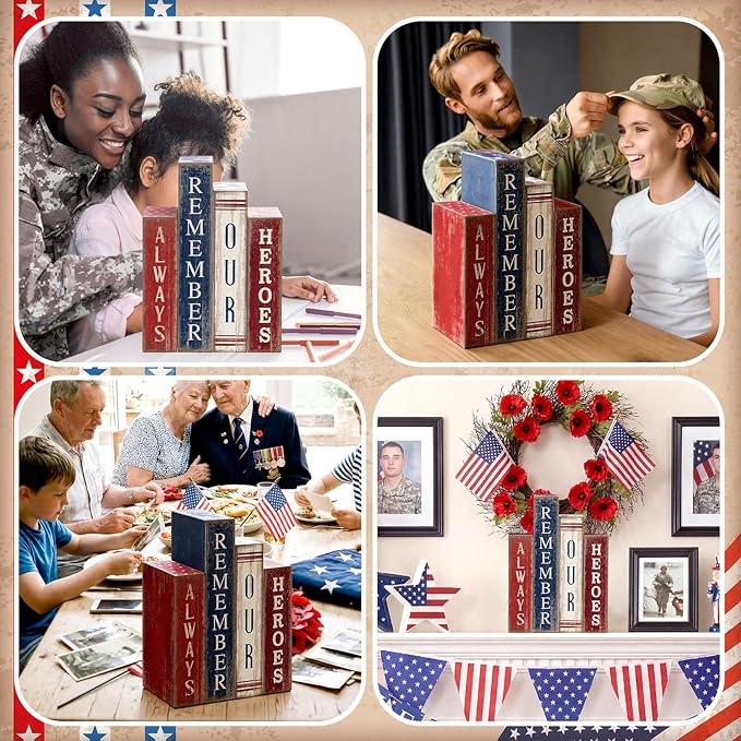 Lineshading 4 Pcs 4th of July Table Decoration Wooden Book Always Remember Our Heroes America Decor Patriotic Tiered Tray Decor Red White Blue Memorial Day Block Signs for 250th Anniversary Home Shelf